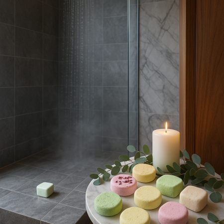 Luxe wellness badkamer met stoomdouche, waar een groene douche steamer onder de douche ligt. Op een marmeren tafeltje staan kleurrijke ronde en vierkante douche steamers, met een brandende kaars en eucalyptus takjes voor een rustgevende spa-sfeer.