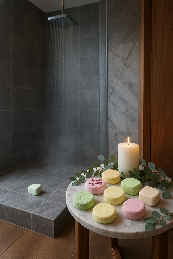 Luxe wellness badkamer met stoomdouche, waar een groene douche steamer onder de douche ligt. Op een marmeren tafeltje staan kleurrijke ronde en vierkante douche steamers, met een brandende kaars en eucalyptus takjes voor een rustgevende spa-sfeer.